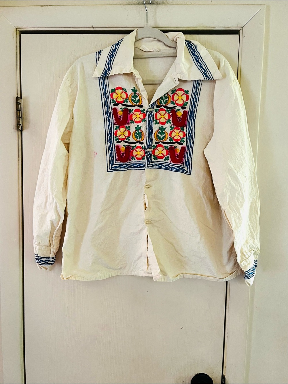 VTG 70s Mexican Embroidered Hippie Folk Western Festival Button Front Top M